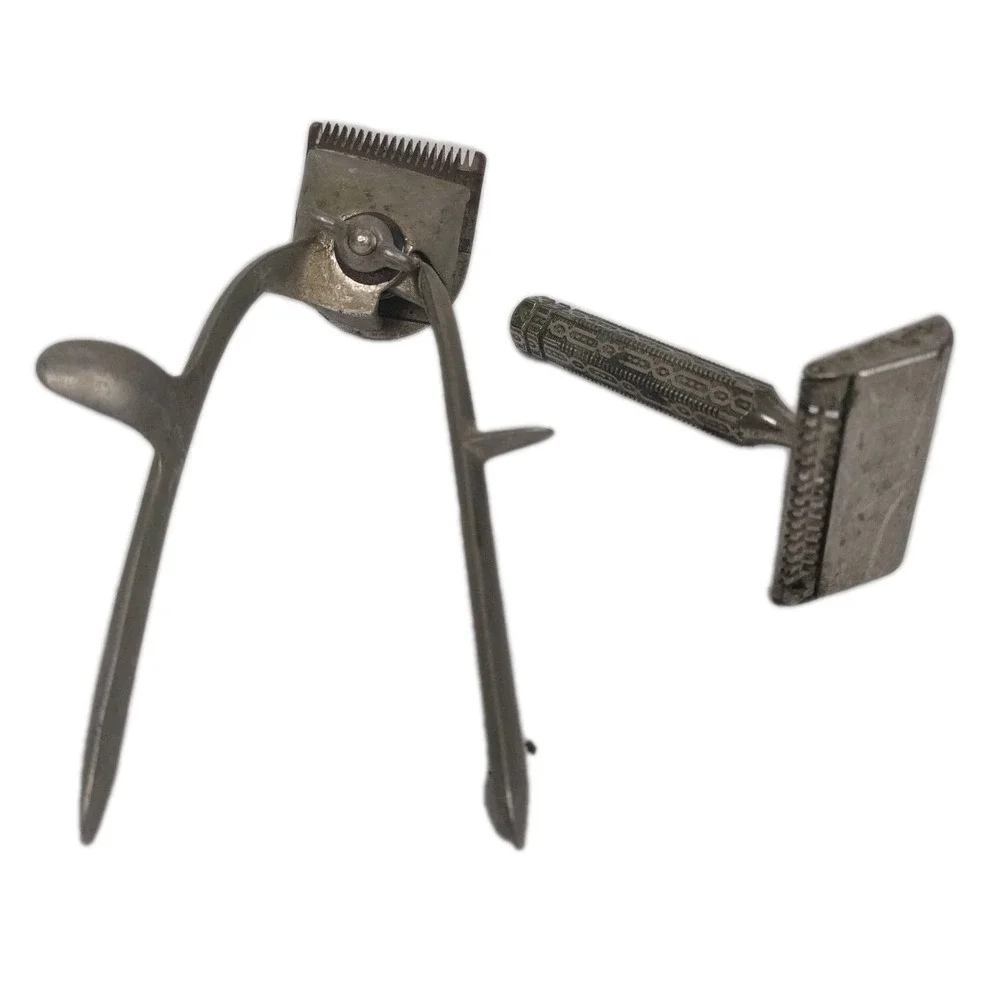 Vintage John Oster Model 105 Manual Hair Clippers Barber USA & 1920's Razor Set
